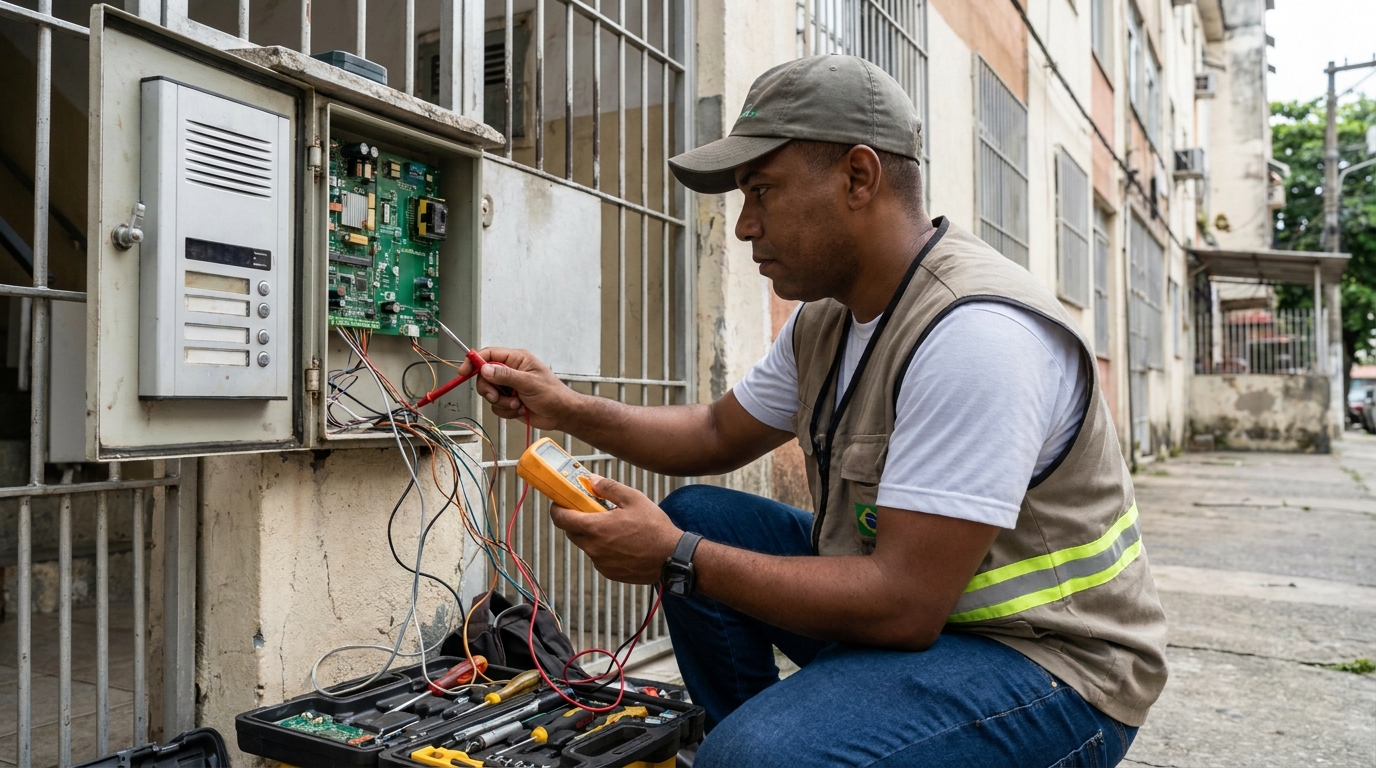 Eletricista consertando interfone em Marília‑SP
