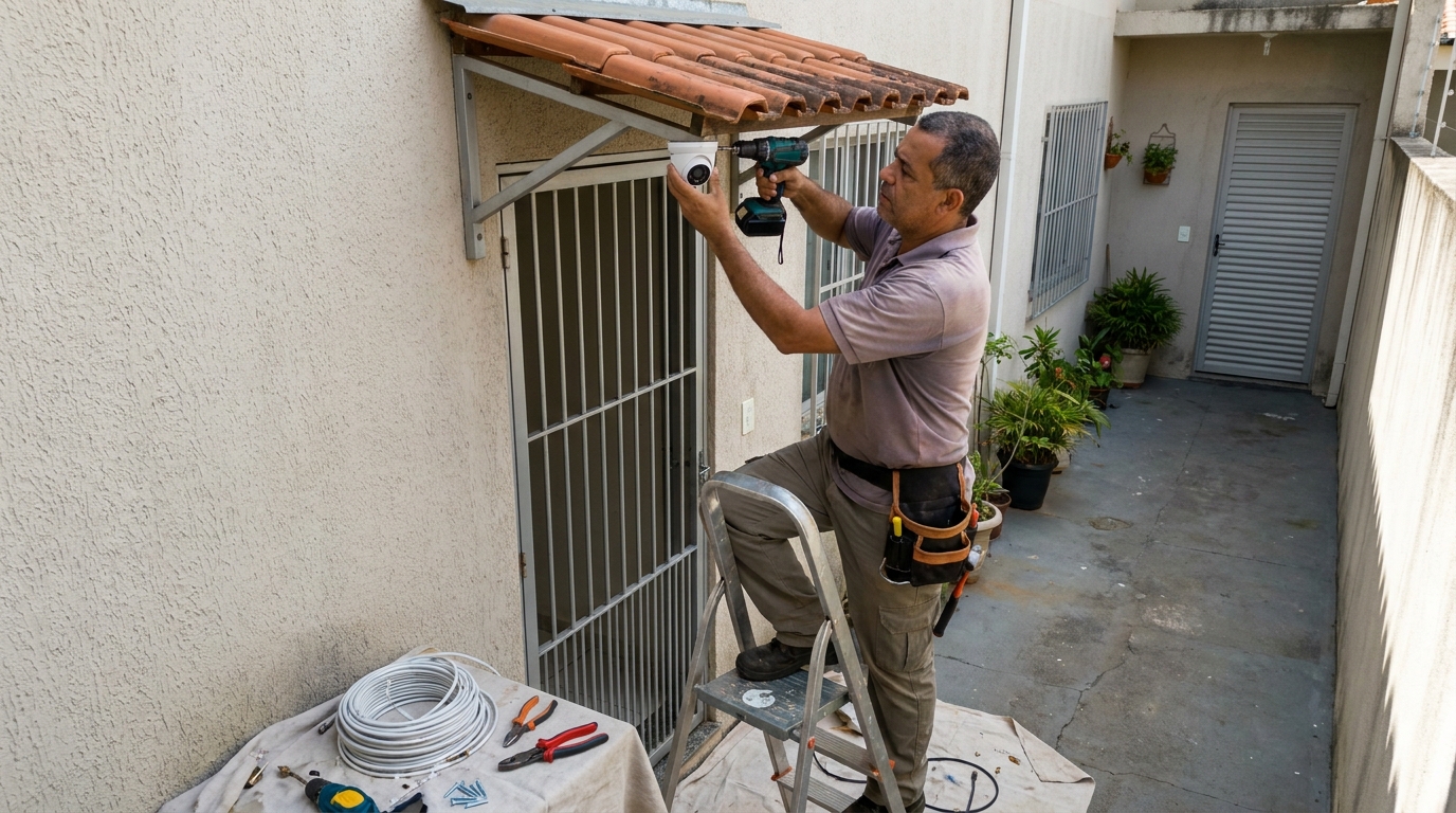 Eletricista instalando cameras de seguranca em Marília‑SP