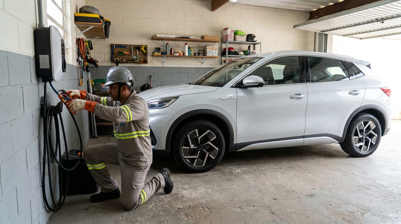 Eletricista instalando carregador de carro eletrico em Marília‑SP