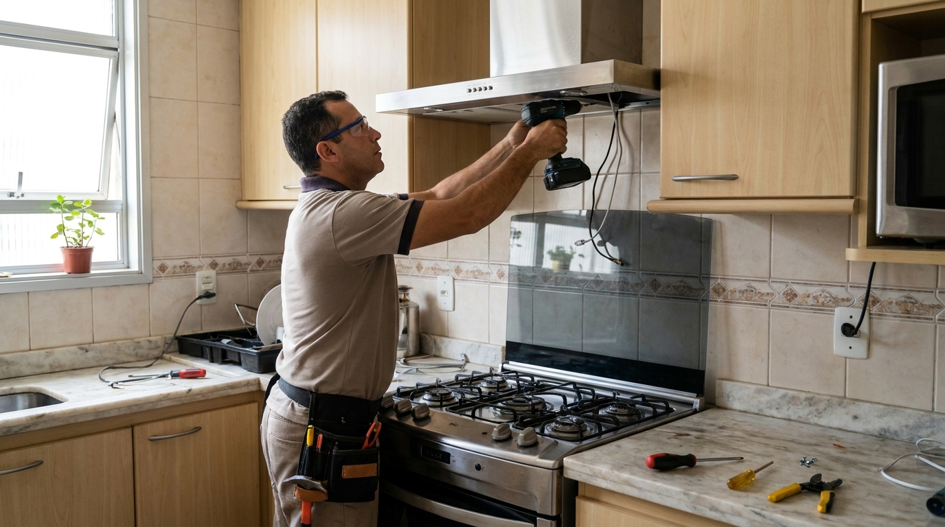 Eletricista instalando coifa em Marília‑SP