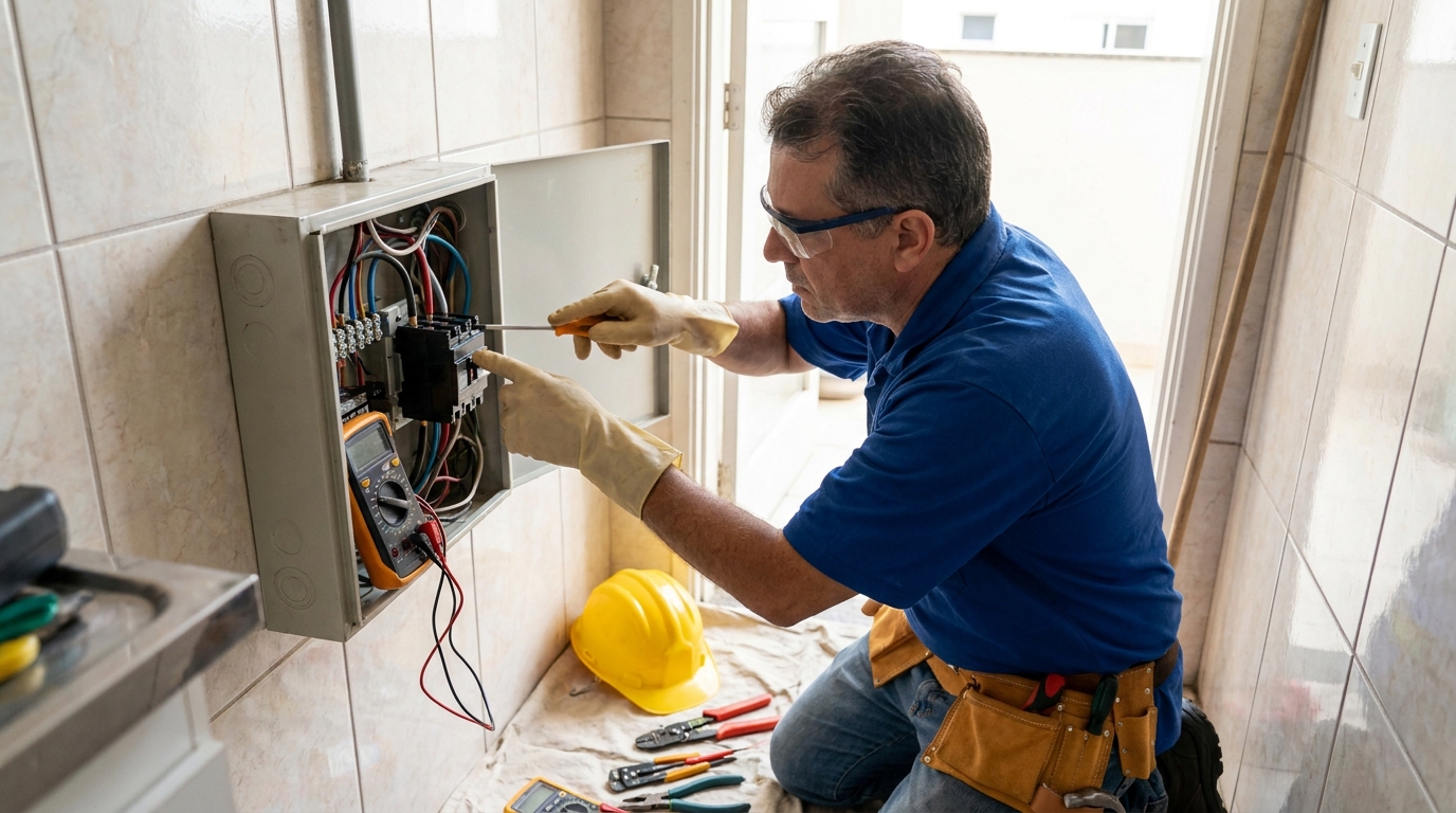 Eletricista instalando disjuntor em Marília‑SP