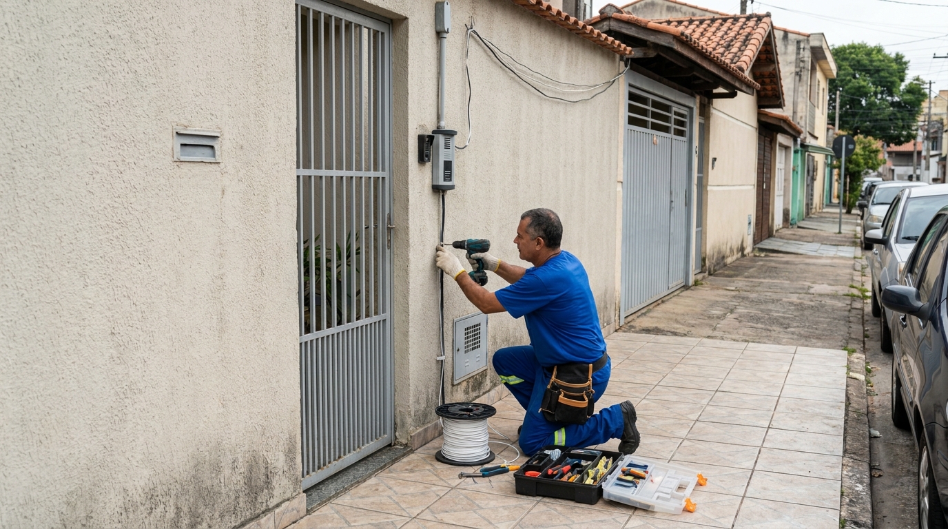 Eletricista instalando interfone em Marília‑SP