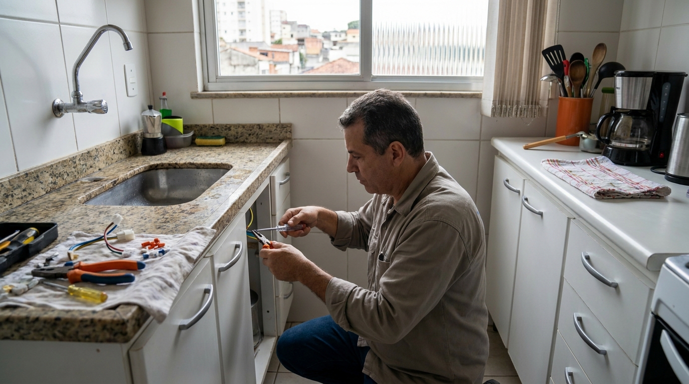 Eletricista instalando torneira eletrica em Marília‑SP