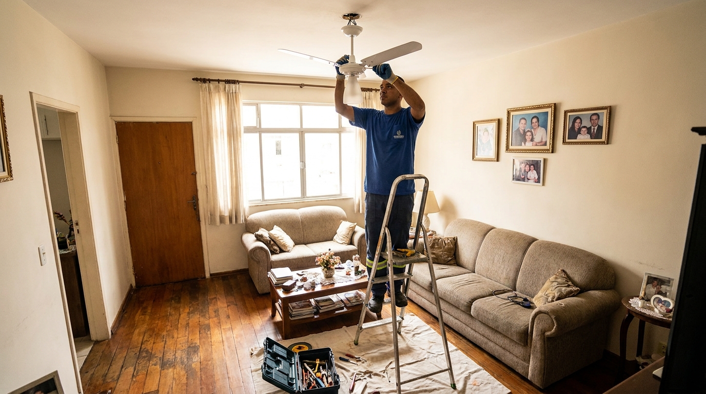 Eletricista instalando ventilador de teto em Marília‑SP