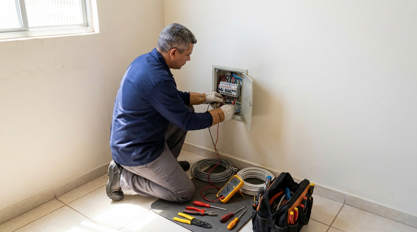 Eletricista realizando manutencao em Marília‑SP